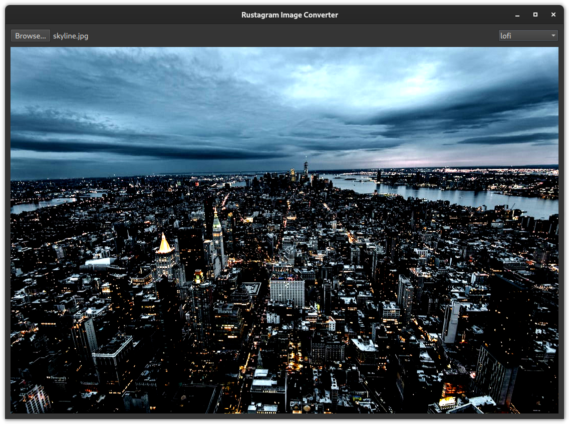 A Qt application showing a picture of a Skyline with a lofi filter applied to it